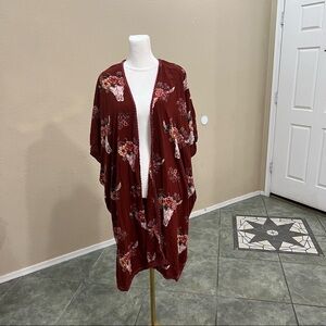Angie Cardigan Womens L Brick Bull Skull Floral Kimono Western Cowgirl Boho EUC